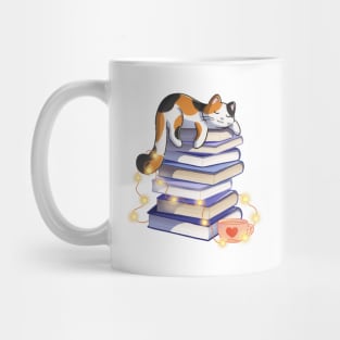 Calico Cat Sleeping On Books Mug